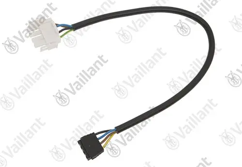 Kabel von Vaillant mit einem weißen und einem schwarzen Stecker, verbunden durch ein schwarzes Kabel mit mehreren farbigen Leitungen.